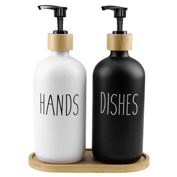 Glass Soap Dispenser Set, Contains Hand Soap and Dish Soap - Picture 1 of 7